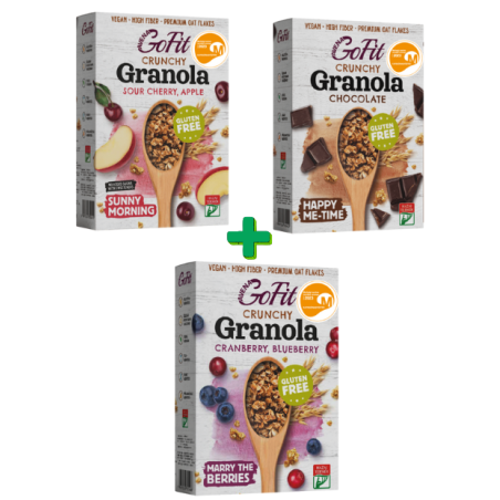 Pachet Granola: Avena Go fit Granola cu ciocolata, fara gluten(250g), Avena GoFit Granola cu cirese si mere, fara gluten fara ad