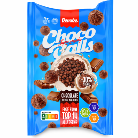 Cereale crocante cu ciocolata, fara gluten, fara lactoza (cu 30% mai putin zahar), 30g