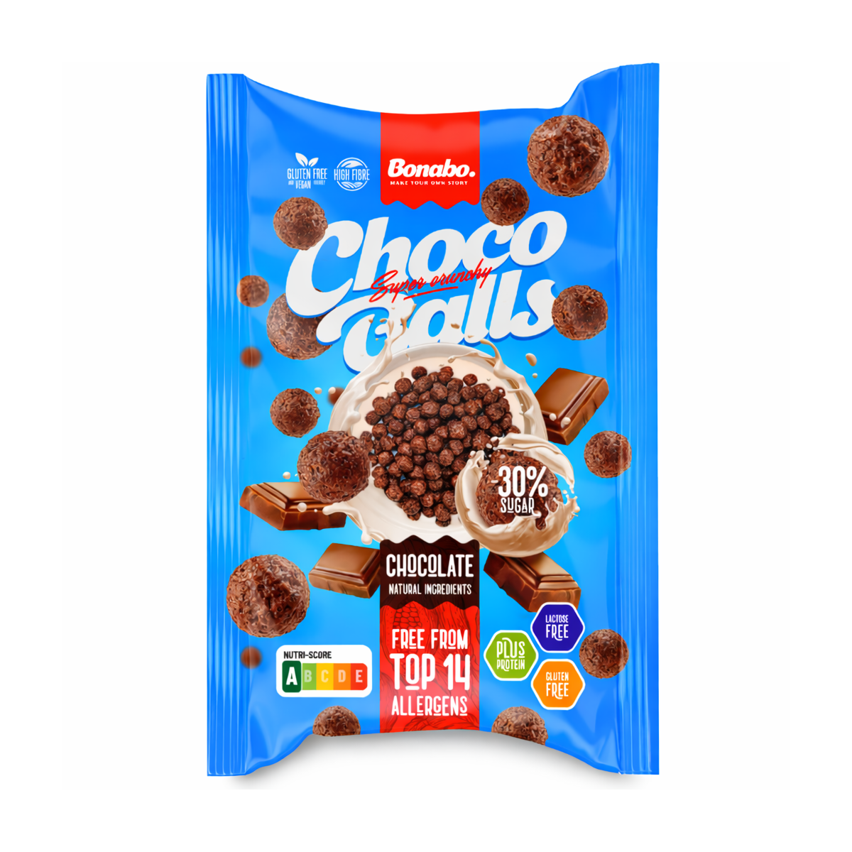 Cereale crocante cu ciocolata, fara gluten, fara lactoza (cu 30% mai putin zahar), 30g