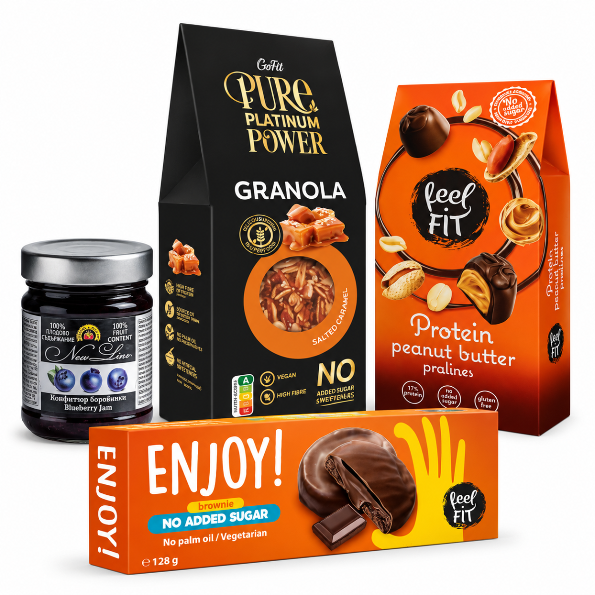 Pachet FARA ZAHAR: Granola caramel sarat, gem de afine 230g, praline proteice, biscuiti brownie