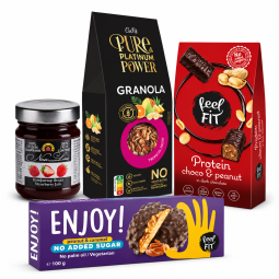 Pachet FARA ZAHAR: Granola tropical, gem de capsuni 230g, praline proteice, biscuiti caramel si unt de arahide